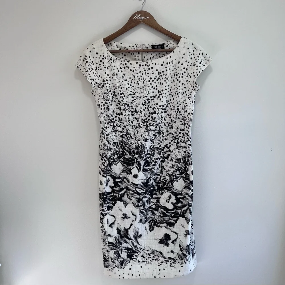 Yeohlee Floral print Sheath Midi Dress Cap Sleeves, Boat Neck, Black & White, 8 - Picture 2 of 13